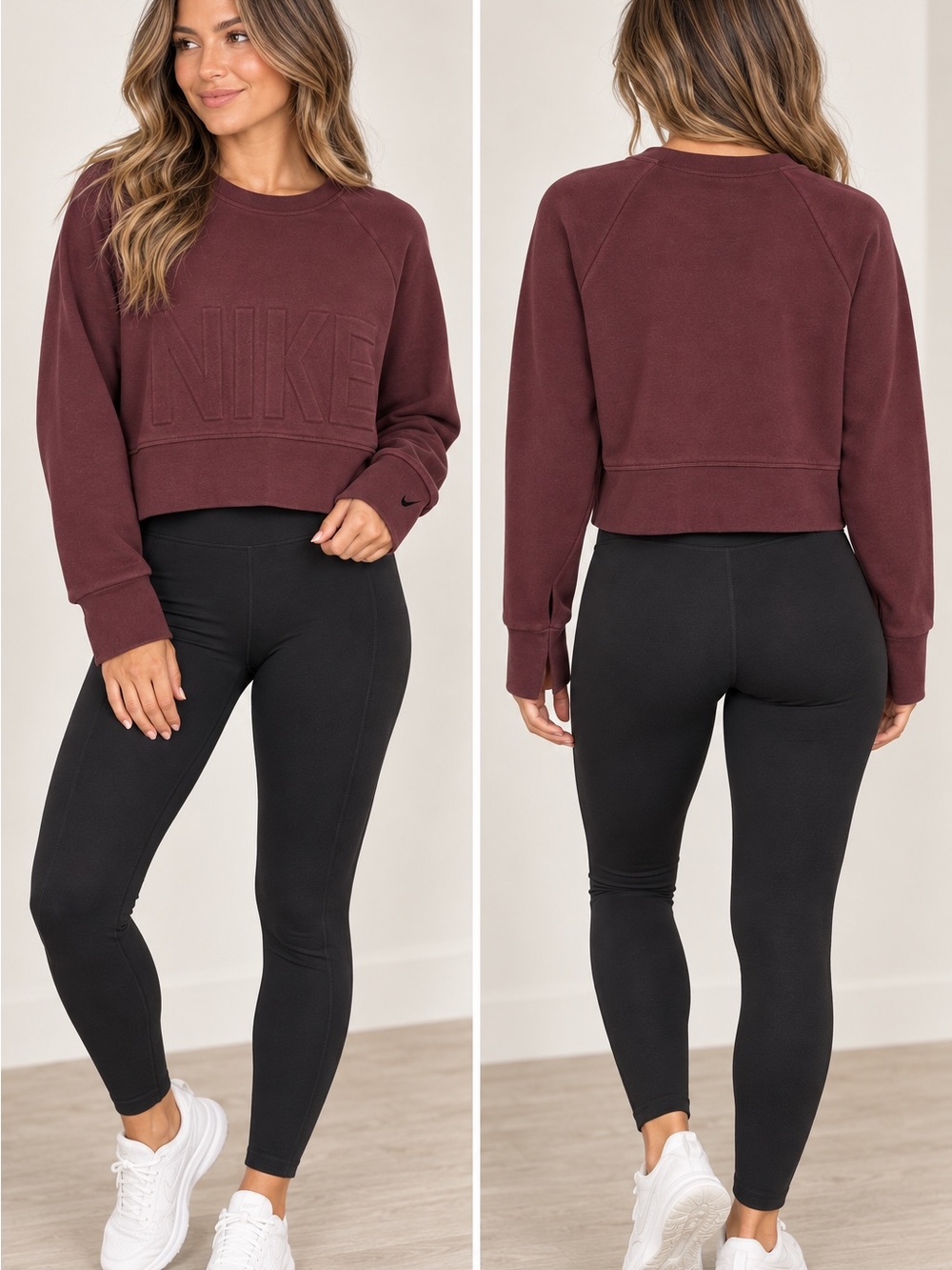 Nike Women’s Dri-FIT Versa Cropped Sweatshirt Burgundy Embossed Logo Size M